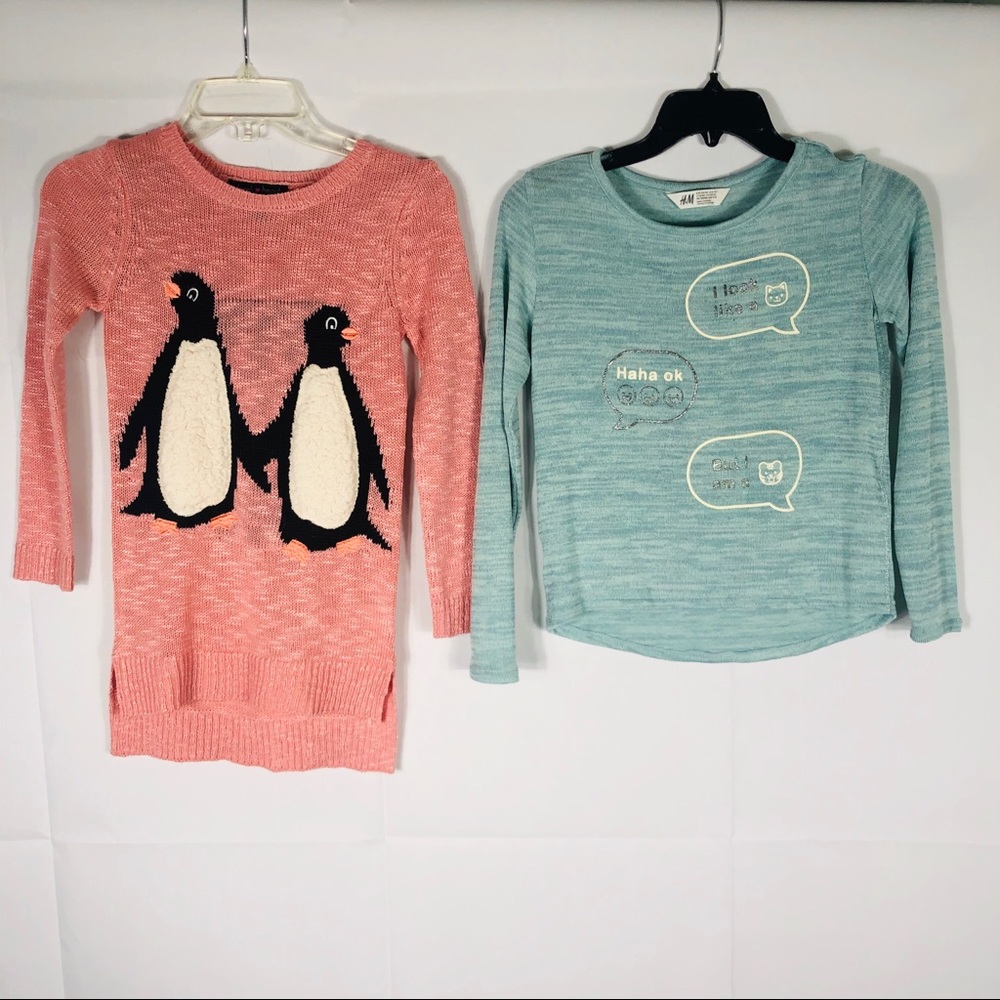 Lot of 2 Girls Sweaters Penguins Emoji Long Sleeve